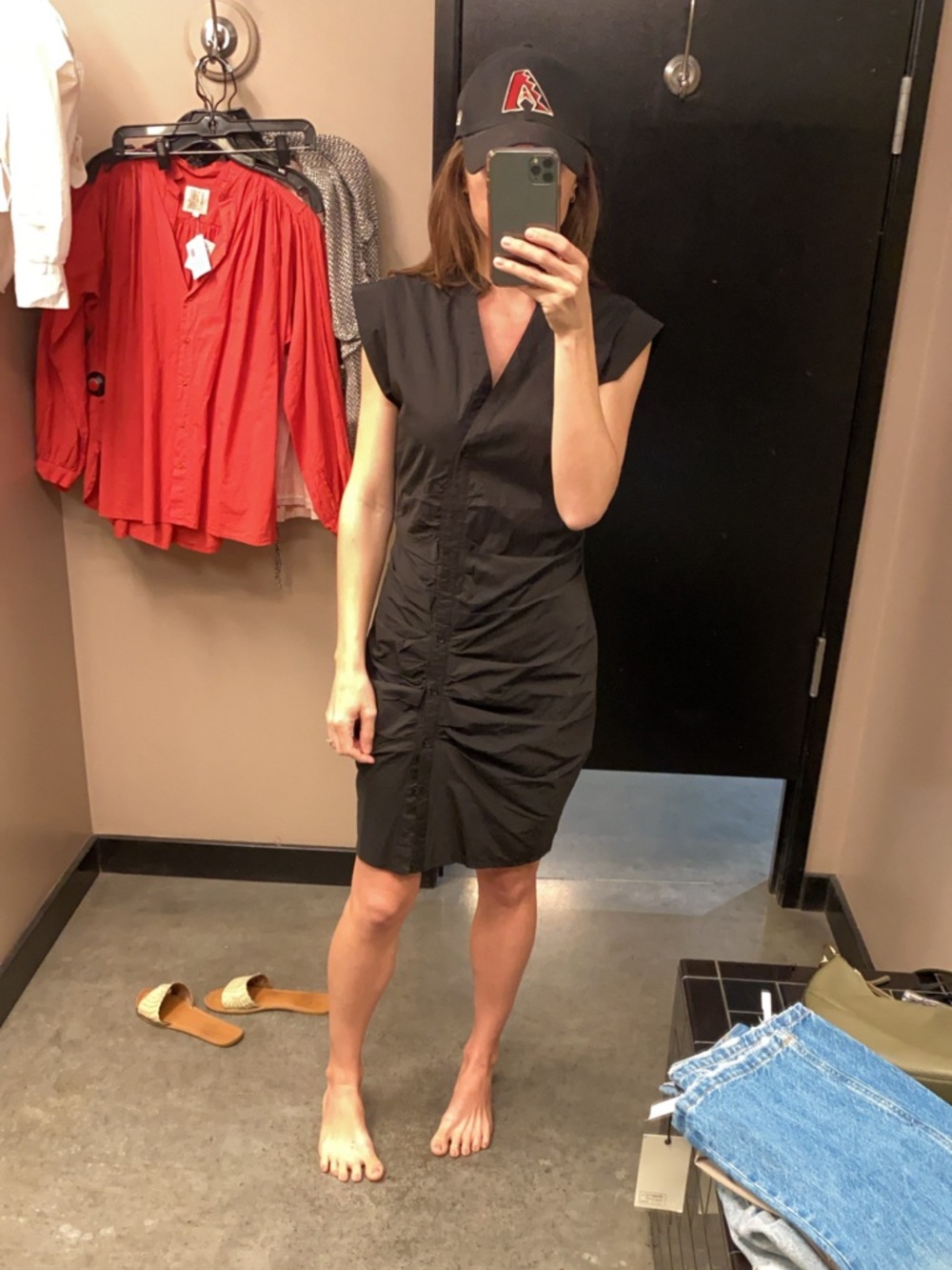 SEN Black Ruched V-Neck Cap-Sleeve Dress
